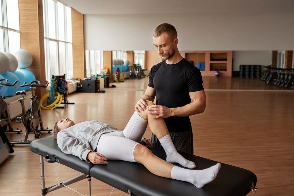 fisioterapeuta faz exercícios no joelho de uma paciente com tendinite.