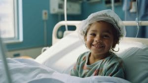 Criança sorrindo sentada em uma cama hospitalar.