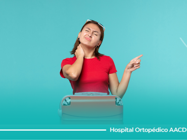 Vista frontal de uma jovem com uma mala vermelha de viagem. Ela está com cara de dor e com a mão no pescoço.