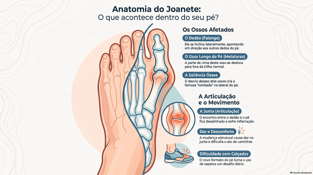 Ilustração da anatomia do joanete, mostrando o desvio do dedão, o osso metatarso deslocado e a saliência óssea, com destaque para a inflamação na articulação e os sintomas de dor e dificuldade com calçados.