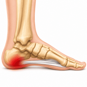 Ilustração anatômica lateral do pé mostrando a fáscia plantar e a região do calcanhar.