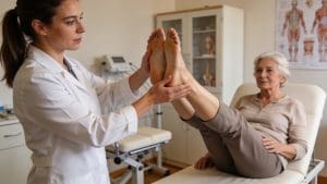 Profissional de saúde examina os pés de uma paciente durante consulta