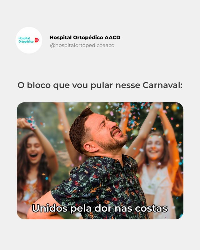 Pra muita gente, não é nem meme, a dor nas costas vai ser o carro-chefe desse Carnaval. Mas não precisa ser assim!

Você pode cair na folia sem deixar a dor da rotina te derrubar! Marque sua consulta com nossos especialistas e entre no ritmo da saúde. É só mandar um WhatsApp pra gente: (11) 5576-0777. Atendemos aos principais planos de saúde e também particular.

RT: Dra. Renata Menegazzi dos Santos (CRM/SP: 113163)