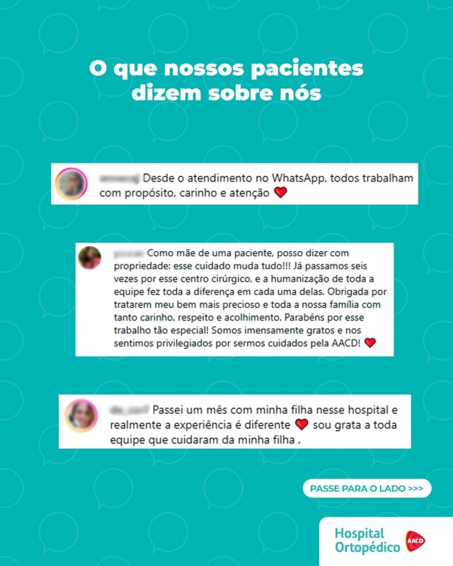 A gente sempre acompanha os comentários de vocês e hoje reunimos alguns depoimentos incríveis para compartilhar!​ 🤩

🏥 Cada relato reforça o nosso compromisso com atendimento de excelência, oferecer estrutura tecnológica e cuidado centrado no paciente.​

Em 2025, alcançamos 99,8% de satisfação no atendimento. Um dado que reflete o nosso padrão de cuidado, validado pelos nossos pacientes e seus acompanhantes!​ 😉

✅ Atendemos particular e convênios. ​

📲 Consulta com hora marcada. Agende pelo WhatsApp (11) 5576-0777 ​

📍 Avenida Professor Ascendino Reis, 724 – Ibirapuera, São Paulo – SP ​

RT: Dra. Renata Menegazzi dos Santos (CRM/SP: 113163)​