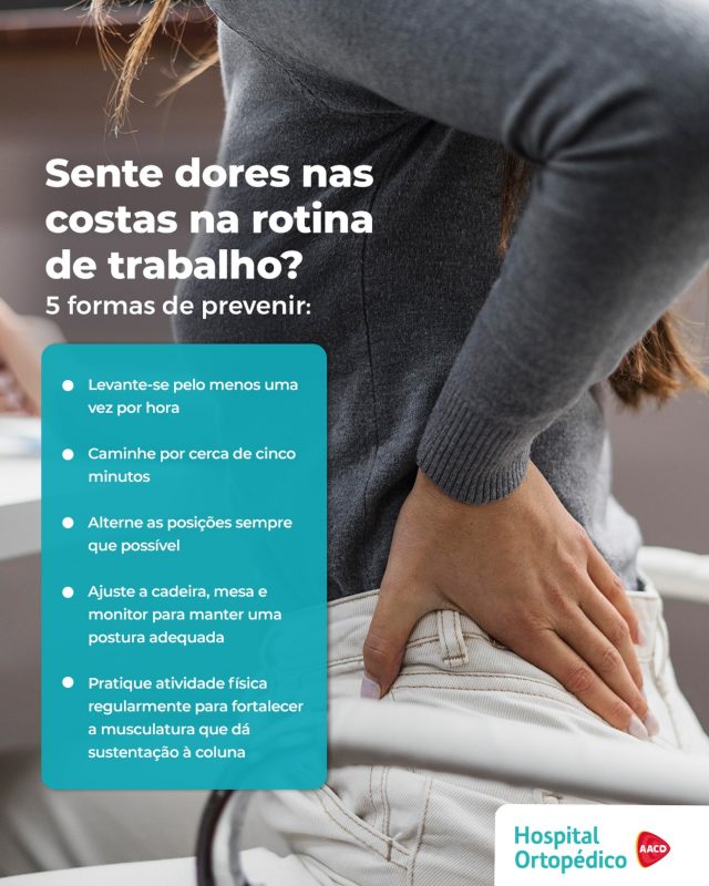 😥 Já sentiu algum desconforto na coluna após passar horas sentado em frente ao computador ou permanecer na mesma posição durante o trabalho? ​

↪️ Embora a rotina de muitos profissionais exija longos períodos na mesma postura, pequenas mudanças de hábito ajudam a reduzir a sobrecarga sobre a coluna ao longo do dia. Confira no card!​

🏥 Procurando ortopedista especializado em coluna? Conte com nossos especialistas!​

✅  Atendemos particular e convênios. ​
​
📲  Consulta com hora marcada. Agende pelo WhatsApp (11) 5576-0777 ​

📍 Avenida Professor Ascendino Reis, 724 – Ibirapuera, São Paulo – SP ​

RT: Dra. Renata Menegazzi dos Santos (CRM/SP: 113163) ​