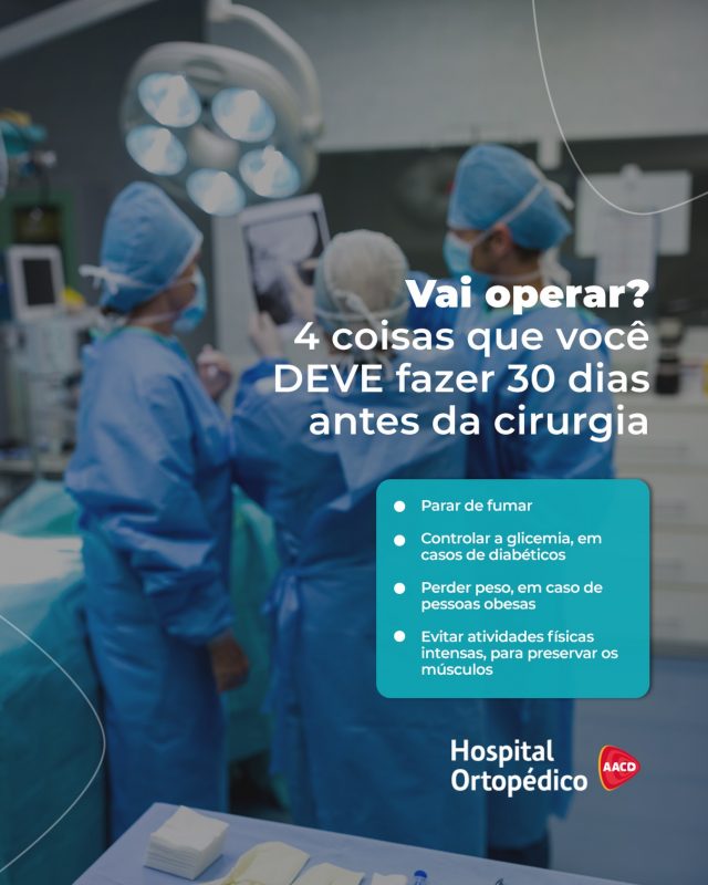 🔍 Alguns hábitos podem ser tomados 30 dias antes do procedimento com o objetivo de melhorar o processo de cicatrização e reduzir o risco de infecção. Confira no card!​

⚠️ Em casos de medicamentos usados regularmente, a equipe médica deve ser informada para melhor indicação de quais devem ser mantidos e quais devem ser suspensos. Medicamentos como anticoagulantes, antidiabéticos e anti-hipertensivos costumam ter regras específicas.​

↘️ Têm dúvidas sobre o assunto? Escreva nos comentários!​

RT: Dra. Renata Menegazzi dos Santos (CRM/SP: 113163) ​